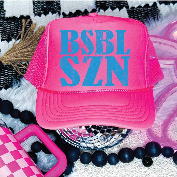 BSBL SZN DTF Printed Neon Pink Foam Trucker Hat for wholesale by Southern Attitude Designs Inc