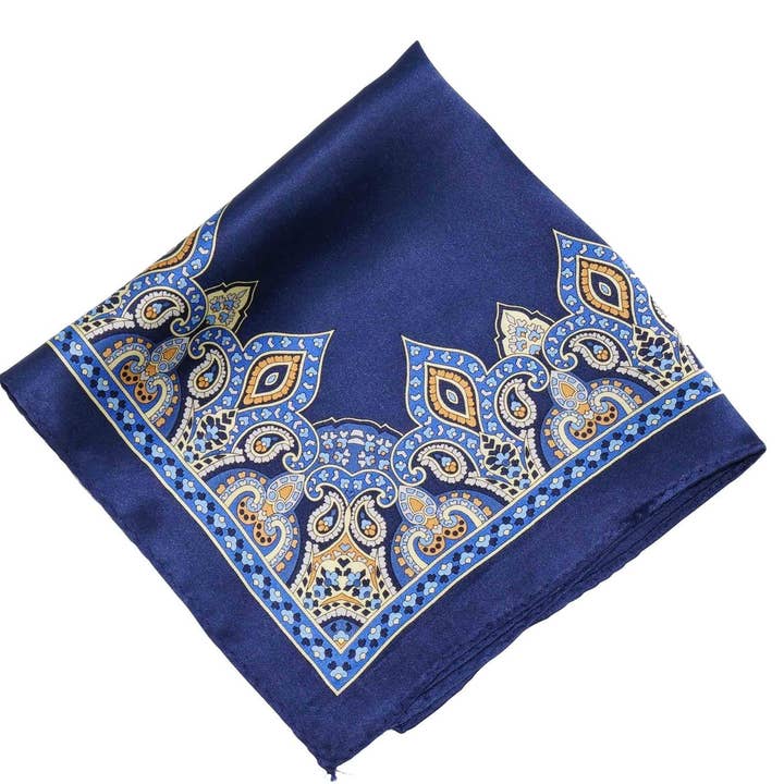 Blue Pattern Border Silk Pocket Square for wholesale by Aristocrats Bows N Ties