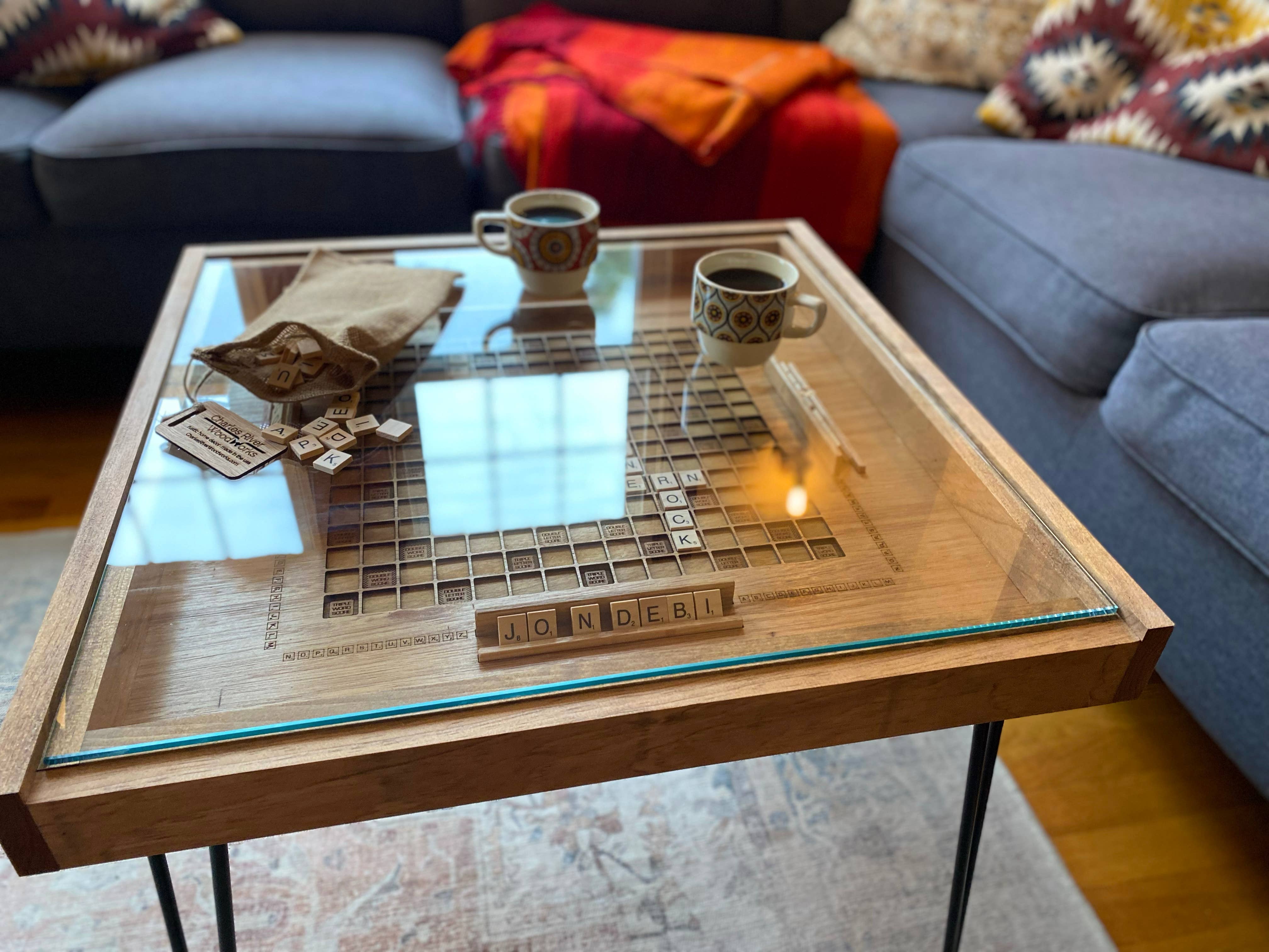 Charles River Woodworks - Wholesale Coffee Table - Rustic Scrabble Coffee Table with removable top - letter tiles included7