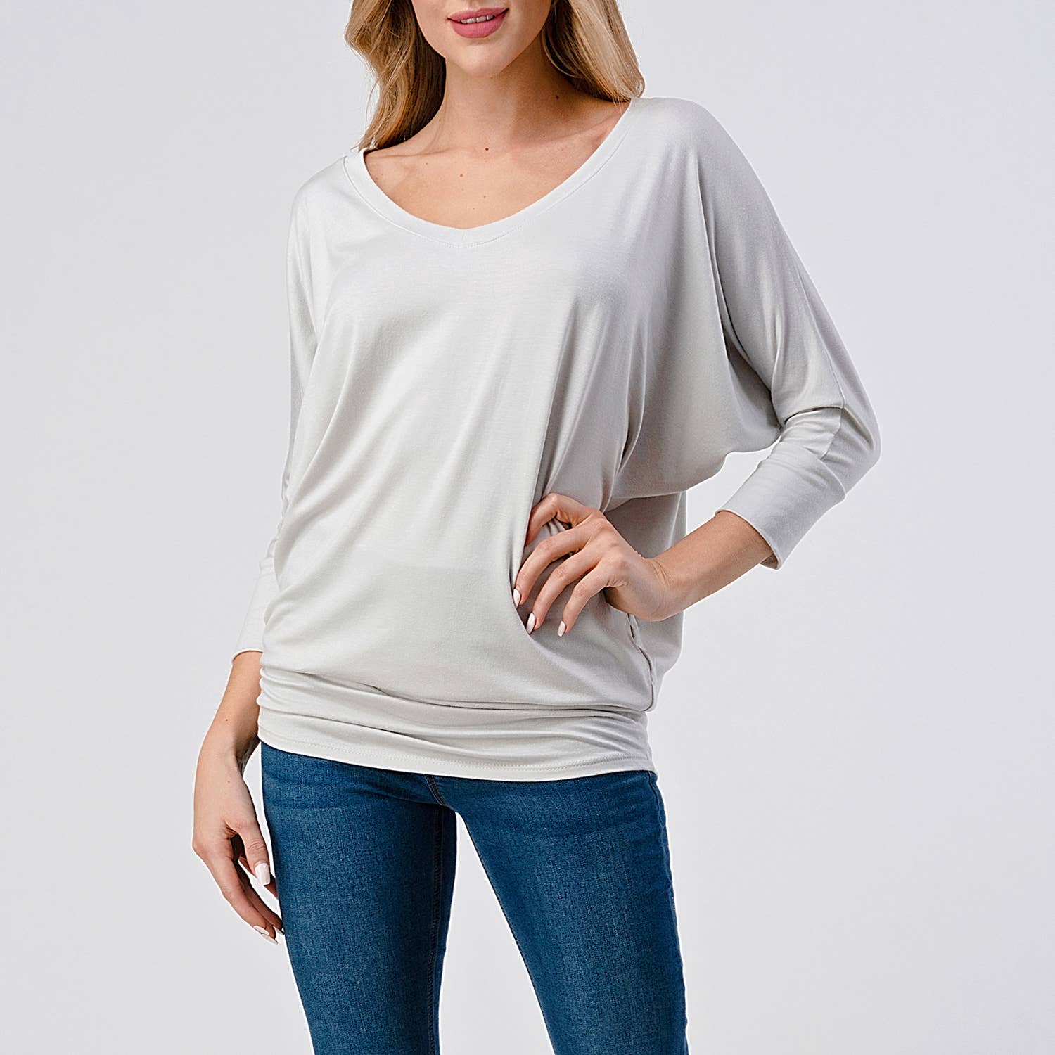 Heimious - Wholesale Knit Top - Women's - 3/4 Dolman Sleeve V-neck Modal Jersey Top, 257336