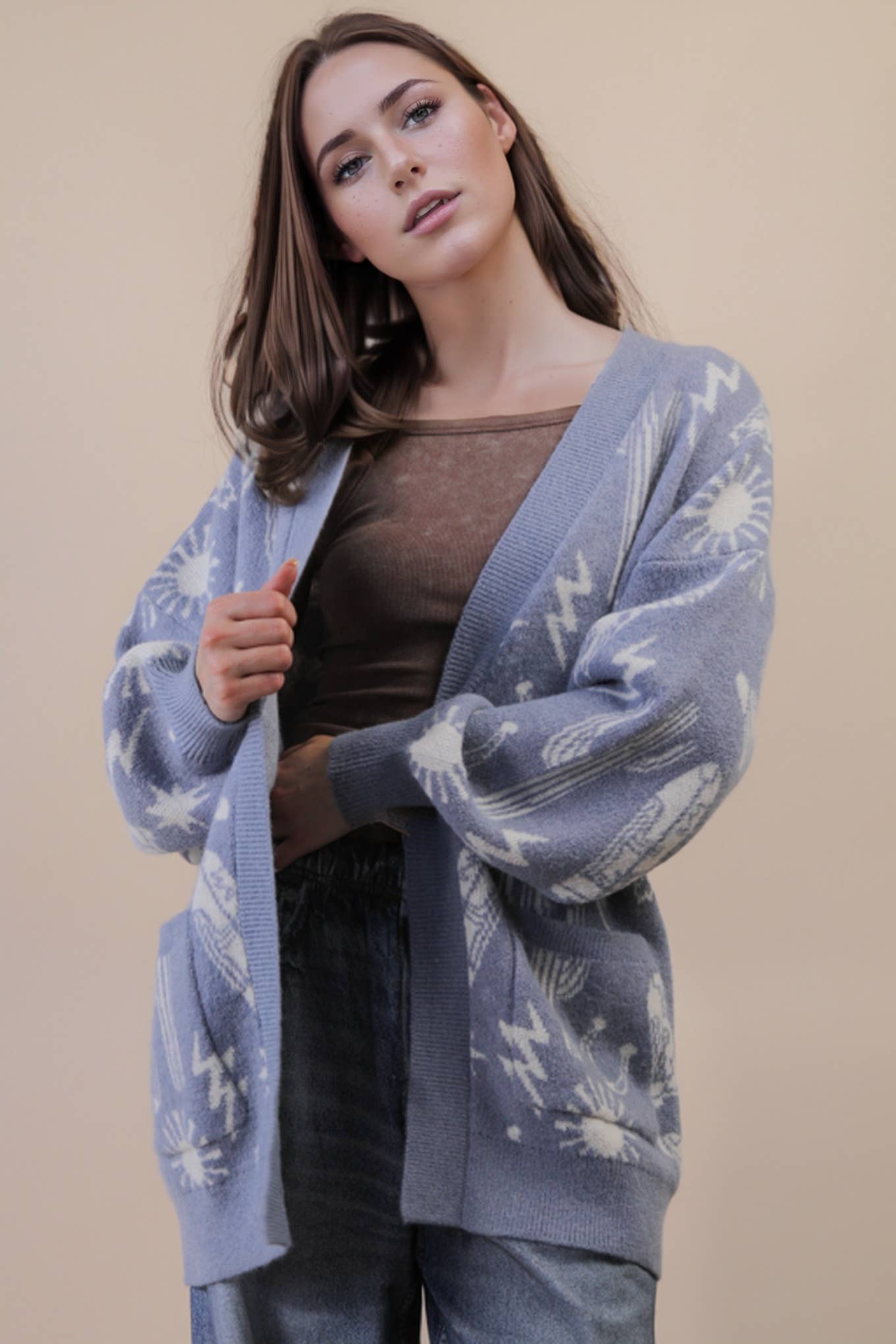 VERY J - Wholesale Cardigan - Dames - 12W3393N-Oversized Western Graphic Gebreide Trui Vest5