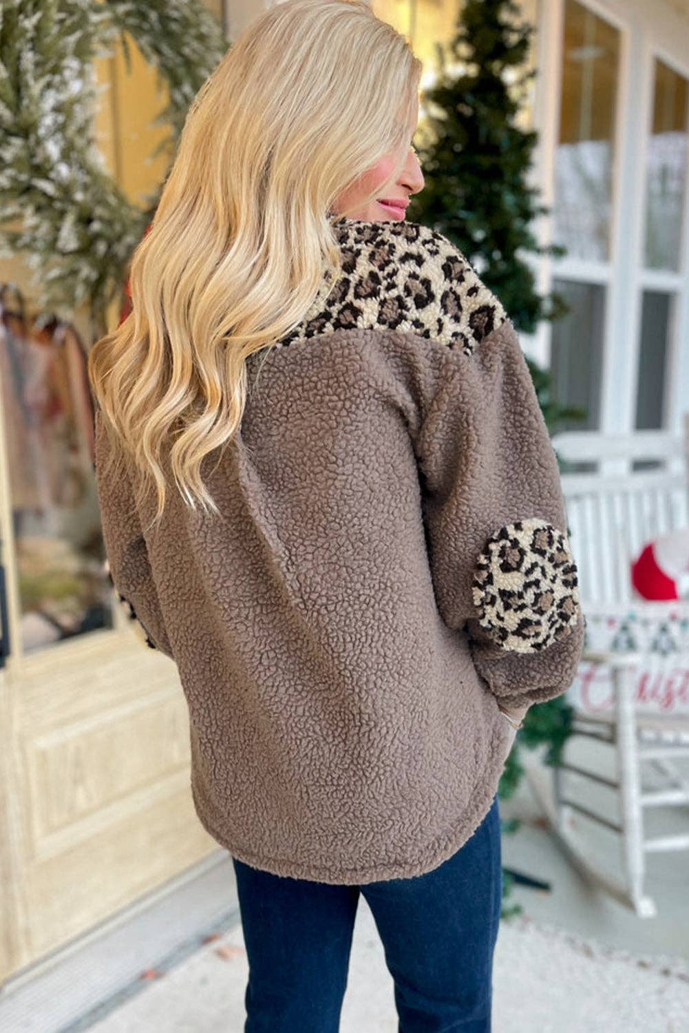 Brown Sherpa Leopard Print Flap Pocket Collared Button Up Jacket for wholesale on Faire4