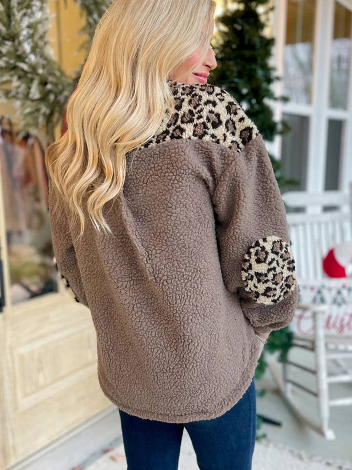 Brown Sherpa Leopard Print Flap Pocket Collared Button Up Jacket for wholesale on Faire4