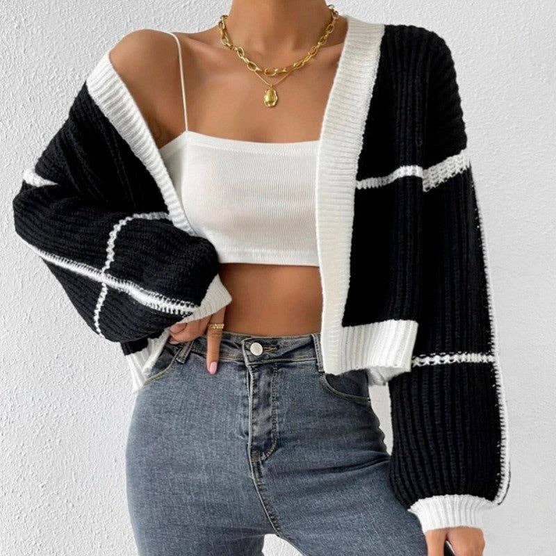 OceanusSwim – wholesale Cardigan – Women’s – Knitted Short Cardigan With Exposed Navel And Color Collision0