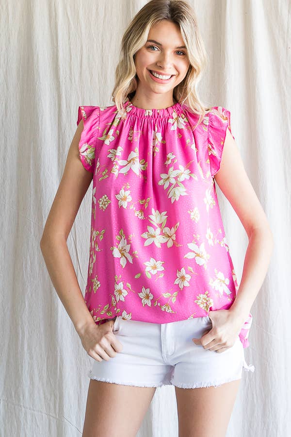 7th Ray - Wholesale Blouse - Women's - Boho Floral Ruffle Sleeve  Shirred Neckline Blouse T479317