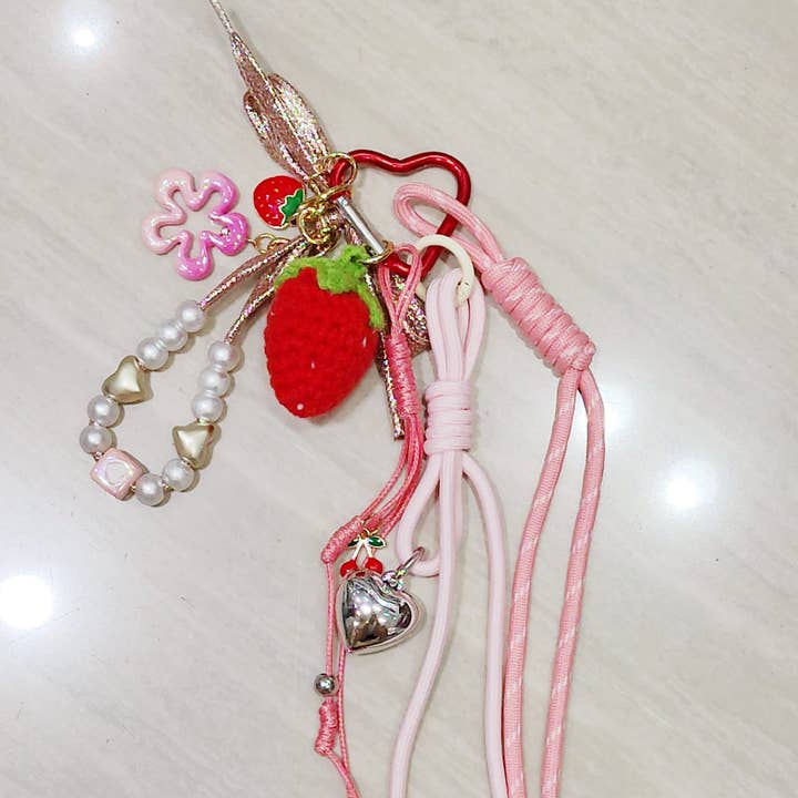 Red Strawberry Crochet Fancy Keychain for wholesale on Faire
