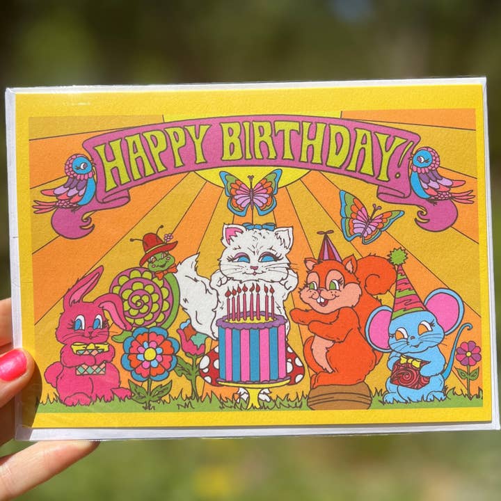 Astral Weekend - Vendita all'ingrosso Biglietti di auguri - Biglietto di auguri grande formato A7, Happy Birthday Animal Party, retrò0