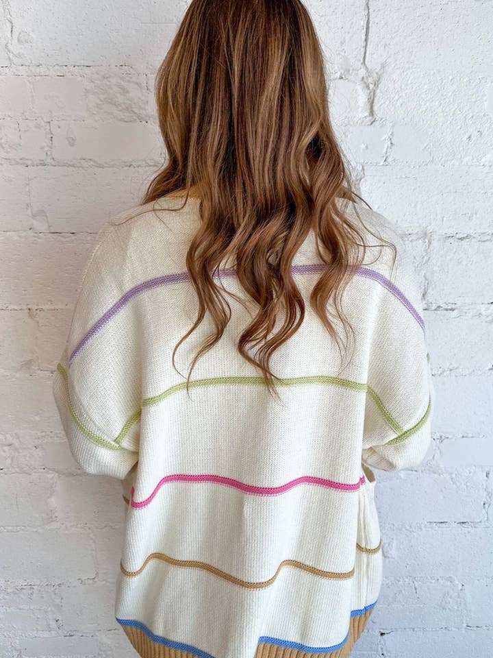 White Color Block Striped Open Front Cardigan With Pocket for wholesale on Faire2