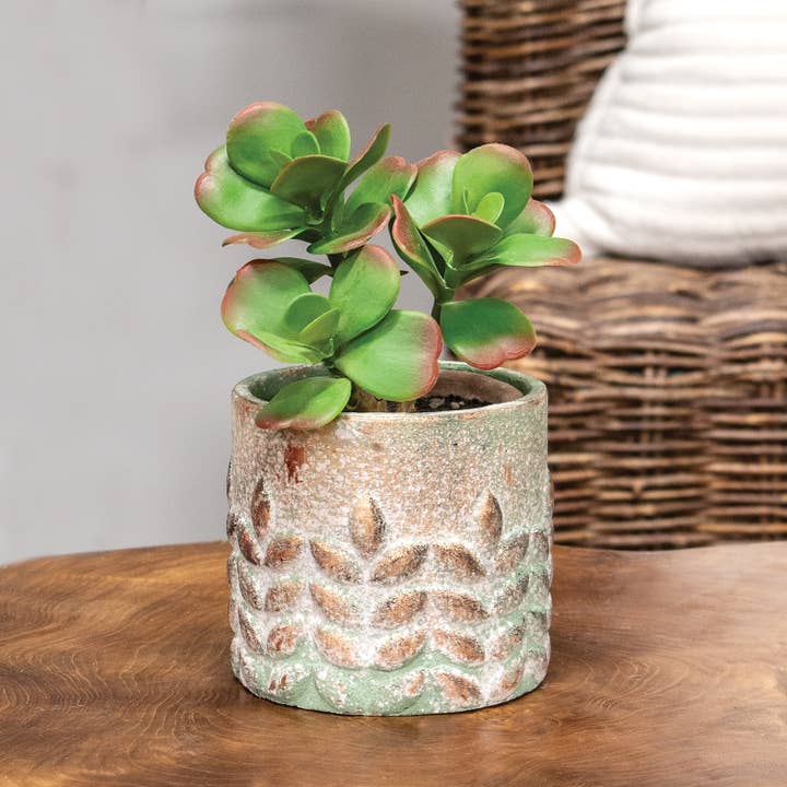 Col House Designs - Wholesale Decorative Tabletop Object - Distressed Patina Finish Wheat Embossed Cement Planter1