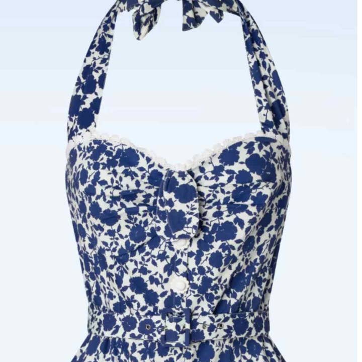 Esme Halter Neck Blue and White Playsuit with shirring and other Purchase Wholesale romperall. Free Returns & Net 60 Terms on Faire trending on Faire.