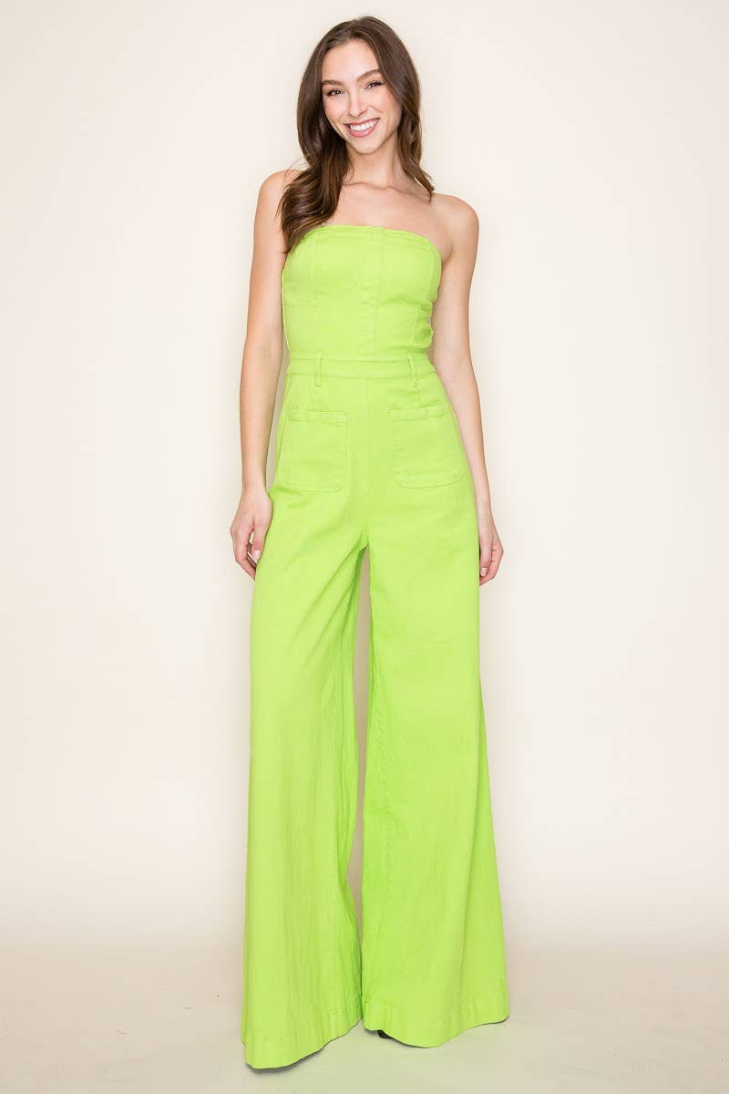 WISTERIA LANE – Engroshandel Jumpsuit - Dame – Off-shoulder jumpsuit med vidde ben i lime denim1