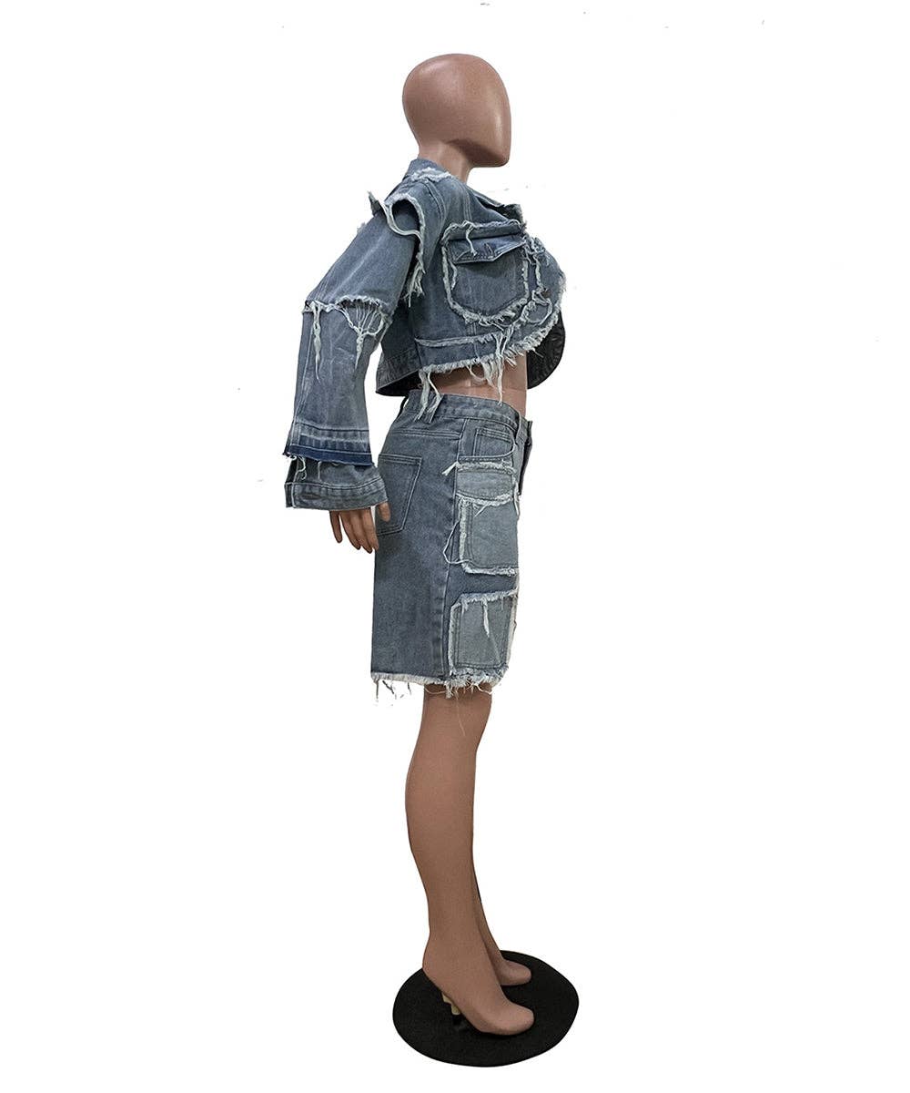 Azul Conjunto de Denim Patchwork Desgastado para venda a revendedores na Faire6