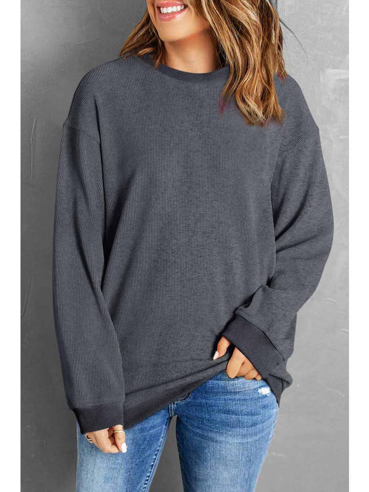 1 the Woman - Wholesale Sweatshirt - Women's - Solid Ribbed Knit Pullover Sweatshirt S-3XL/ 6 Colors
