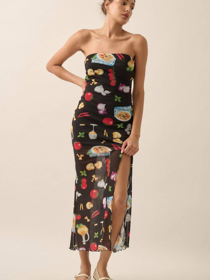 Maxikjole i mesh med italiensk madprint uden stropper for engroshandel hos Promesa USA