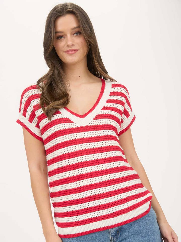 STRIPE V NECK CROCHET KNIT SHORT SLEEVE SWEATER for wholesale by Blu Pepper