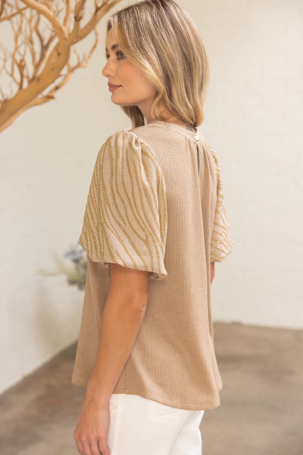 Tan 36167 Lurex Zebra Pattern Puff Sleeve Textured Knit Top for wholesale on Faire4