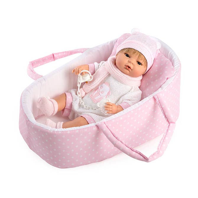 María Crying Doll 42 cm with carrycot for wholesale by La Tienda de Muñecas