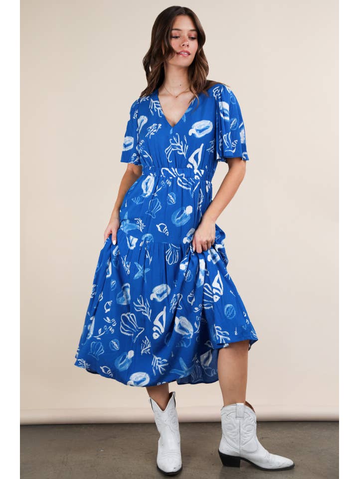 VERY J - Wholesale Dress - Women's - ND31625-Printed V-Neck Resort Midi Dress