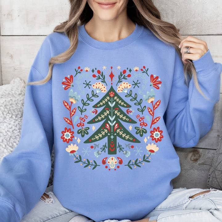Refinery Number One LLC - Wholesale Graphic Sweatshirt - Unisex - Christmas Tree Folk Art, Scandinavian Floral Sweatshirt