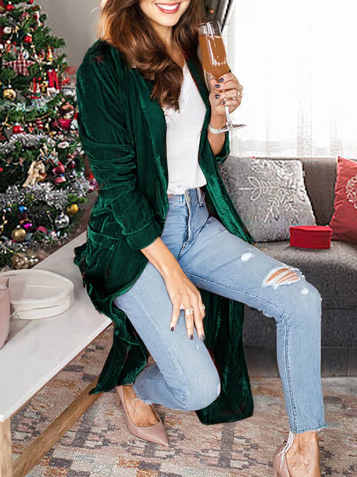 1 the Woman - Wholesale Cardigan - Women's - Velvet Open Front Pocketed Long Duster