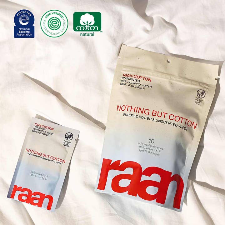 Raan inc - Wholesale Face & Body Wipes - 100% COTTON WATER WIPES, UNBLEACHED. POCKET SIZE