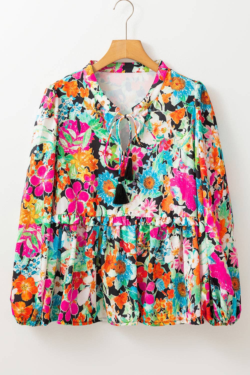 Multicolor Floral Print Bubble Sleeve V Neck Ruffled Blouse for wholesale on Faire2