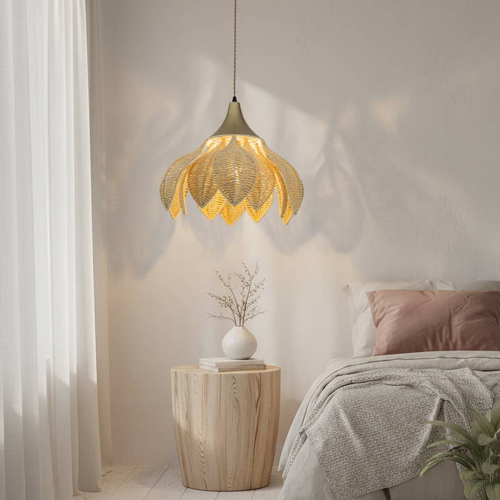 Yume 1-Light Rattan Lotus Pendant, Coastal Boho - Handwoven for wholesale by ELE Light & Decor