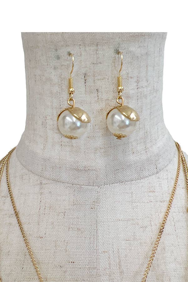 Gold Elongated Layered Pearl Pendant Necklace Set for wholesale on Faire1