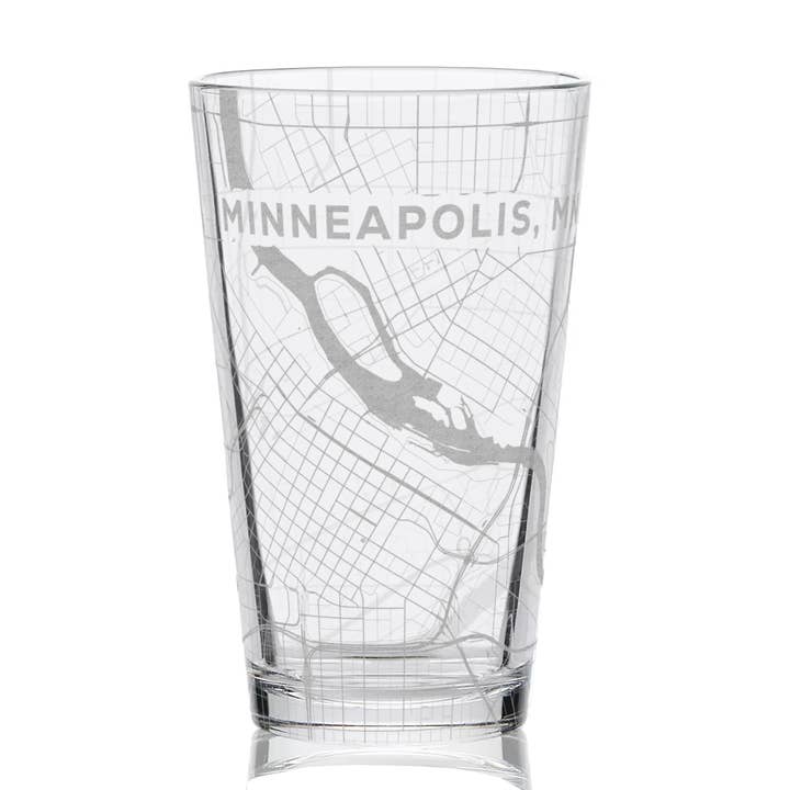 MINNEAPOLIS, MN Engraved City Street Map 16oz Pint Glasses for wholesale by LumEngrave