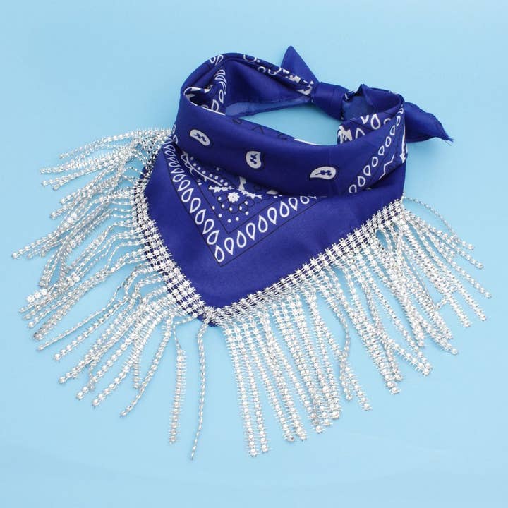 ZPB Blue and White Bandana Bling Fringe Necklace for wholesale on Faire