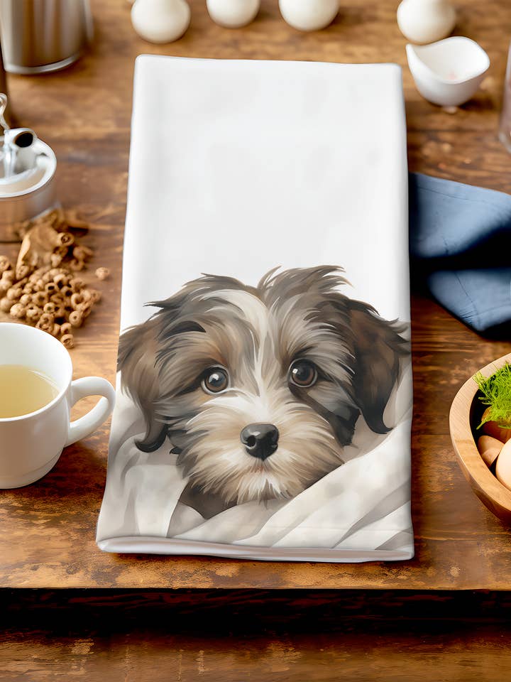 Chase - Cute Puppy In Blanket - Unique Dog Tea Towel for wholesale by Homemade Hollydays Wholesale