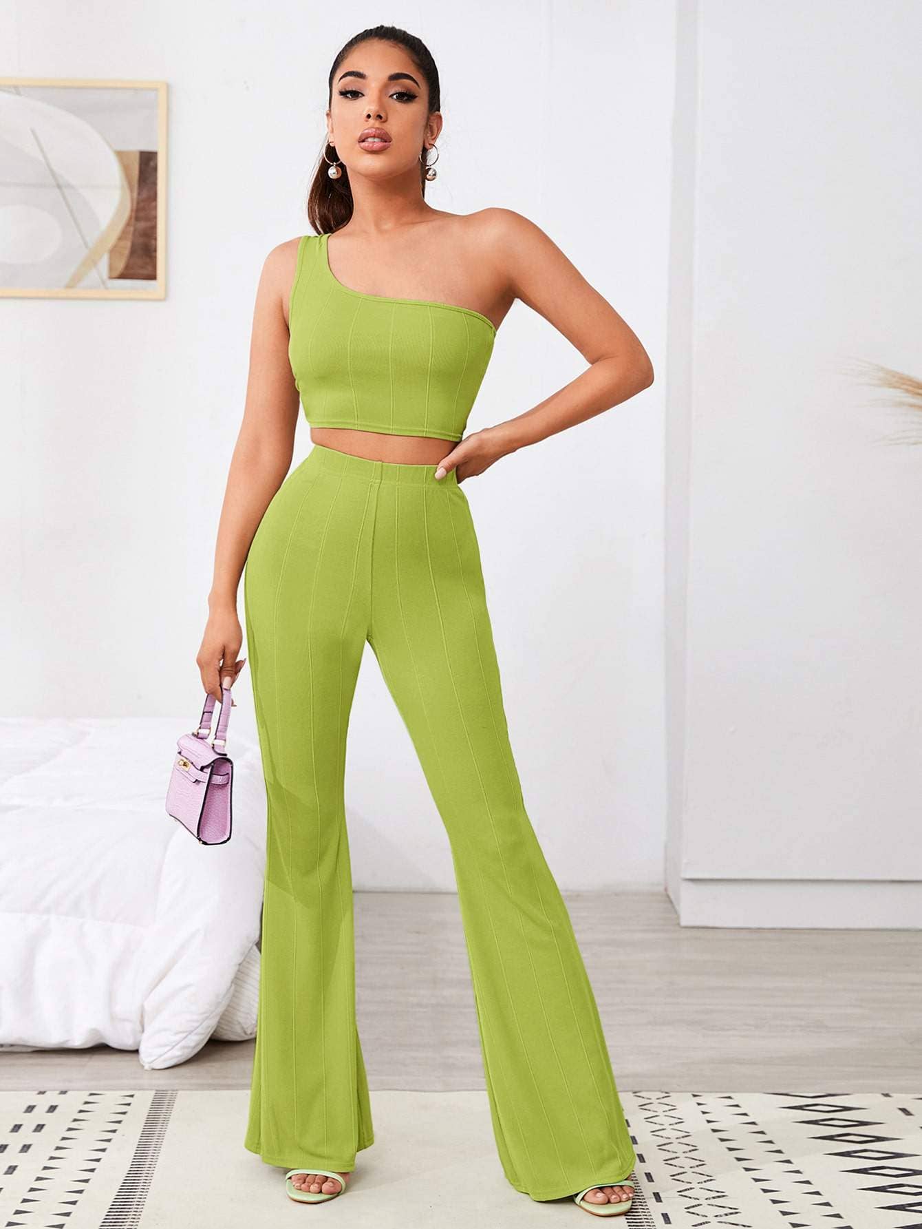 Fashion Combination – wholesale Set med topp och byxa – Dam – ribbad en-axel gröda topp & flare byxor set6