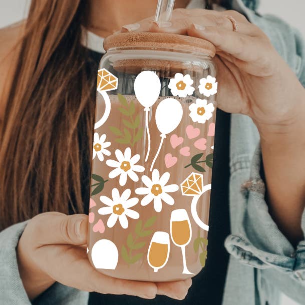 Bridal Engagement | UVDTF | 20 oz Libbey Can Glass with Bamboo Lid & Straw for wholesale by SKS Design Studio