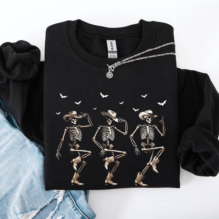 Refinery Number One LLC - Wholesale Graphic Sweatshirt - Unisex - Dancing Cowboy Skeletons, Halloween Bats Sweatshirt2