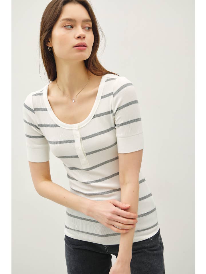 Be Cool - Wholesale Knit Top - Women's - CLASSIC RIBBED STRIPED HENLEY NECK SHORT SLV TOP