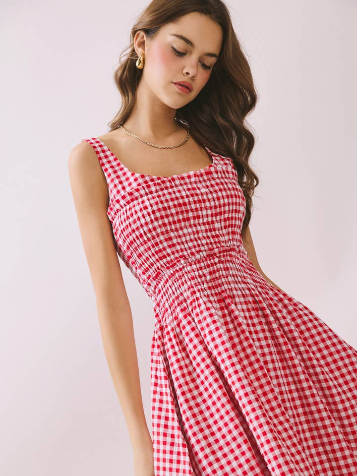 CD05108-Gingham Smocked Bodice Midi Dress for wholesale by TCEC