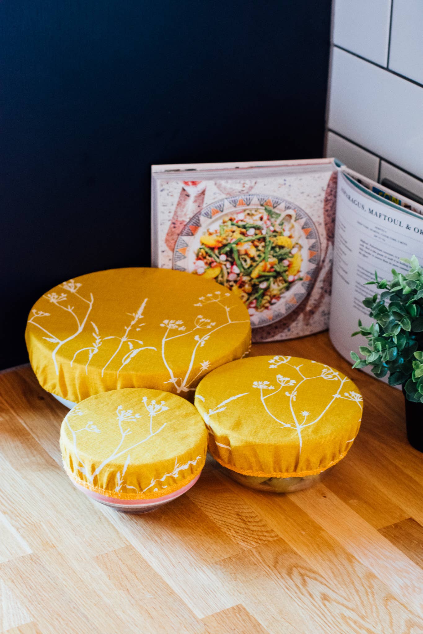 Helen Round - hand printed linen (US Duties Paid) - Wholesale Food Storage Wrap/Bag - Linen Bowl Covers , Set of 3 Bowl Coverings, Hand Printed1