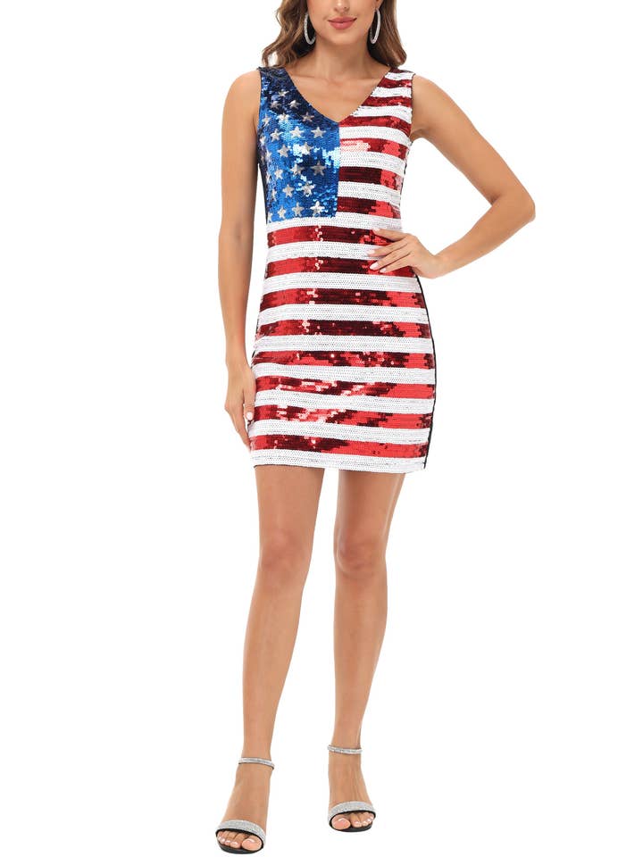 Multicolored Women's American Flag Sequin Dress V-Neck Sleeveless USA Pat for wholesale on Faire