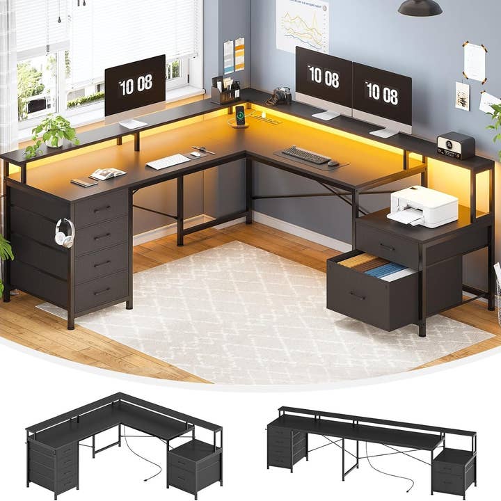 ShipItFurniture - Wholesale Desk Set - Black L-Shaped Desk with 6 Drawers & File Cabinet