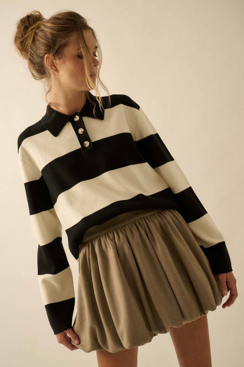 Promesa USA - Wholesale Knit Sweater - Women's - Striped Ribbed Knit Collared Rugby Sweater11