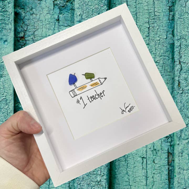 No.1 Teacher MINI - Sea Glass Art- 6x6 framed for wholesale by Back Bay Designs