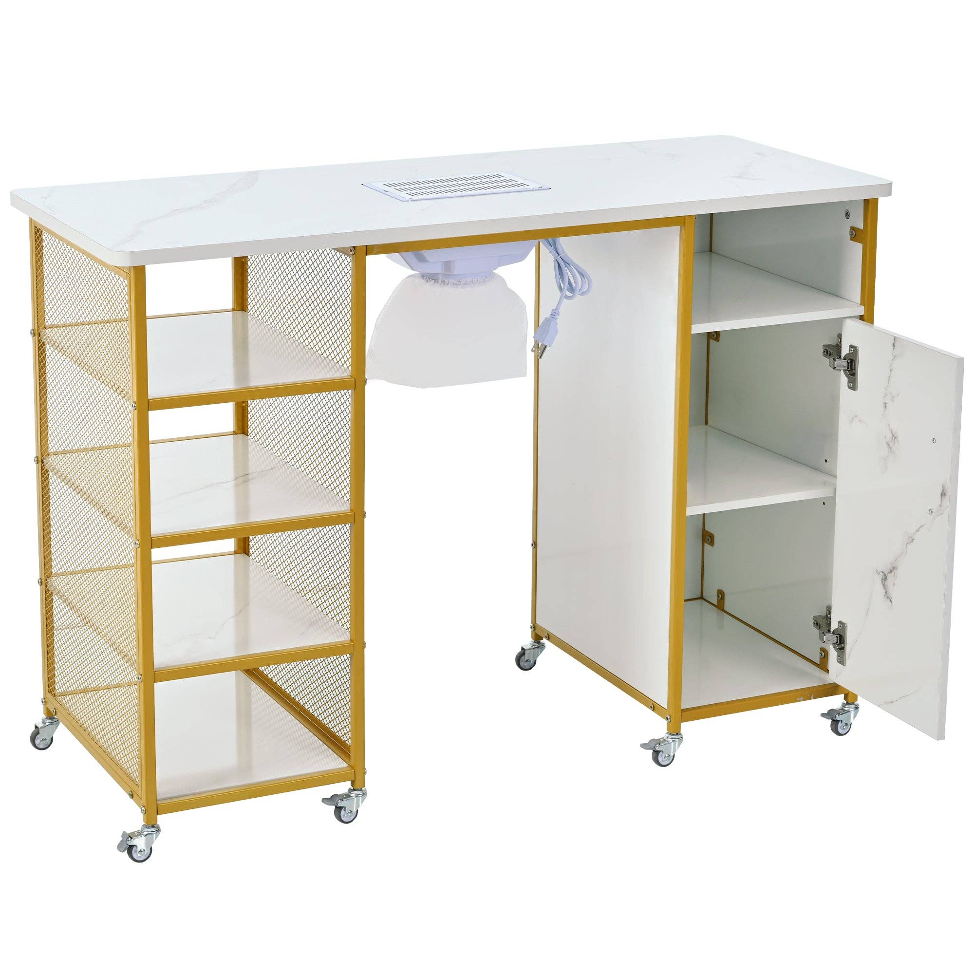 39F Inc. - Wholesale Side Table - White Marble Nail Table with Vent, Storage, and Wheels12