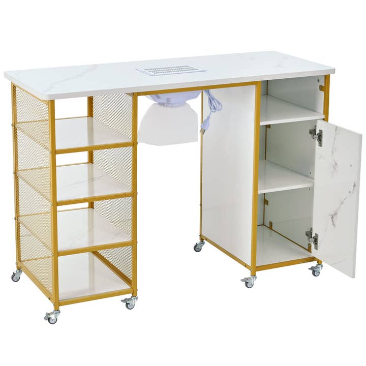 39F Inc. - Wholesale Side Table - White Marble Nail Table with Vent, Storage, and Wheels12