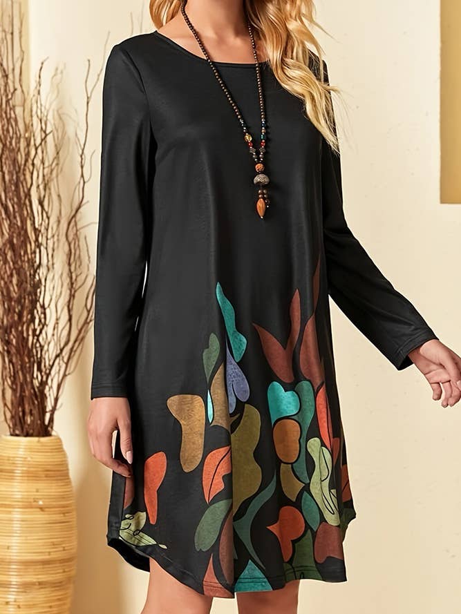 Black long Sleeve Round Neck Printed Dress ZK2099 for wholesale on Faire2