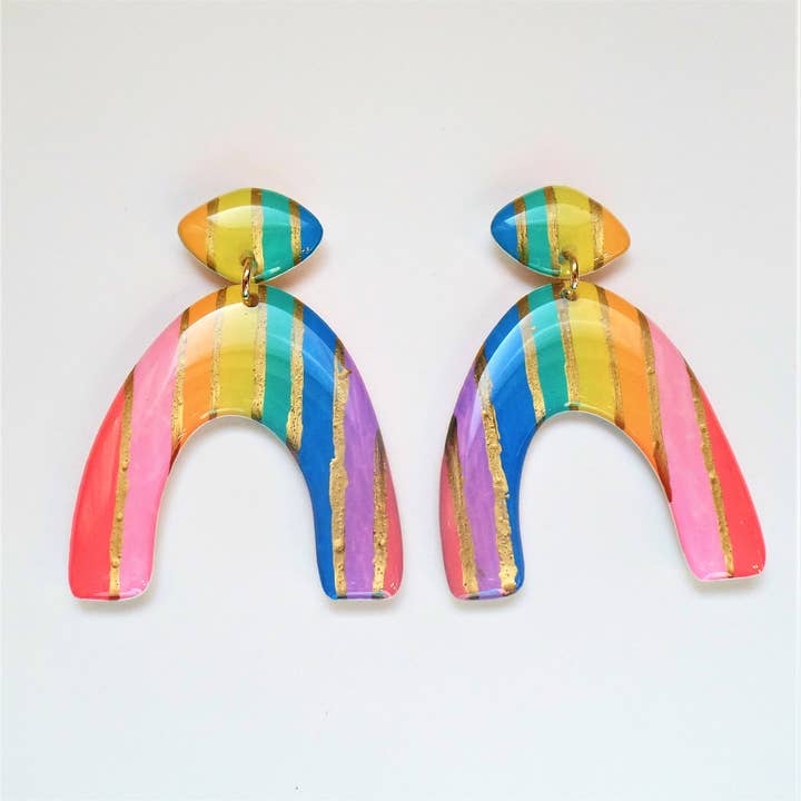 The Jane Arc Earrings - Wishbone Dangles - Rainbow Stripes for wholesale by Wuve