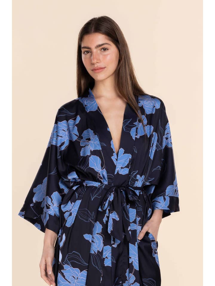 Recycled Silky Satin Long Robe - Daisy Navy Floral Print for wholesale on Faire1