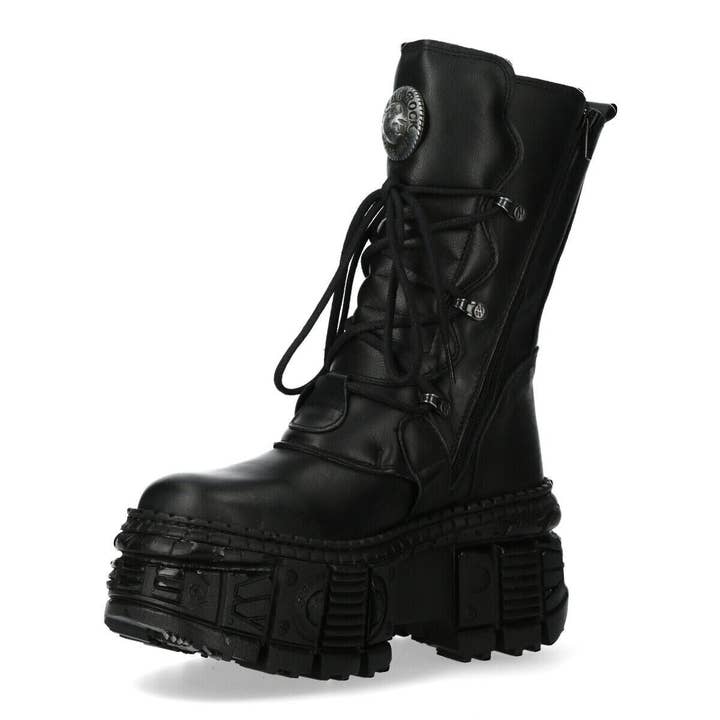 Black New Rock Mid-Calf Leather Goth Boots-WALL373-S5 for wholesale on Faire
