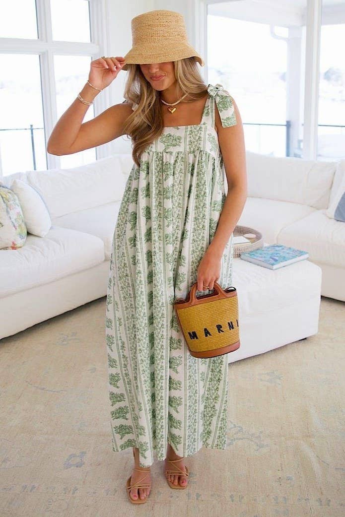 green Calista Ethnic Floral Print midi dress with bow straps for wholesale on Faire3