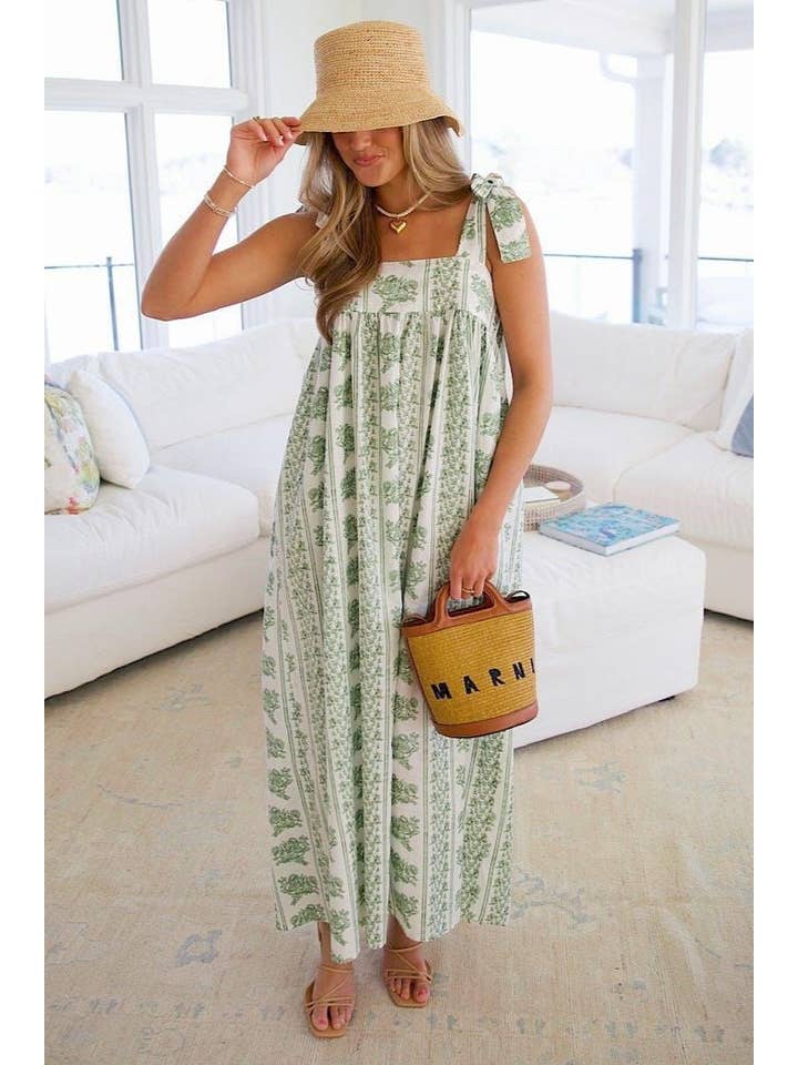 green Calista Ethnic Floral Print midi dress with bow straps for wholesale on Faire3