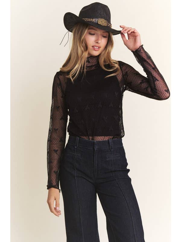 JADE BY JANE - Wholesale Knit Top - Women's - LONG SLEEVE RIBBON SHAPED MOCK NECK LACE TOP